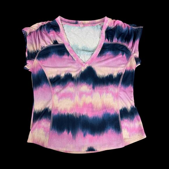 Free people Movement | V Neck Tee | Pink and Blue Batik | Sz Large Slim Fit - Picture 1 of 4